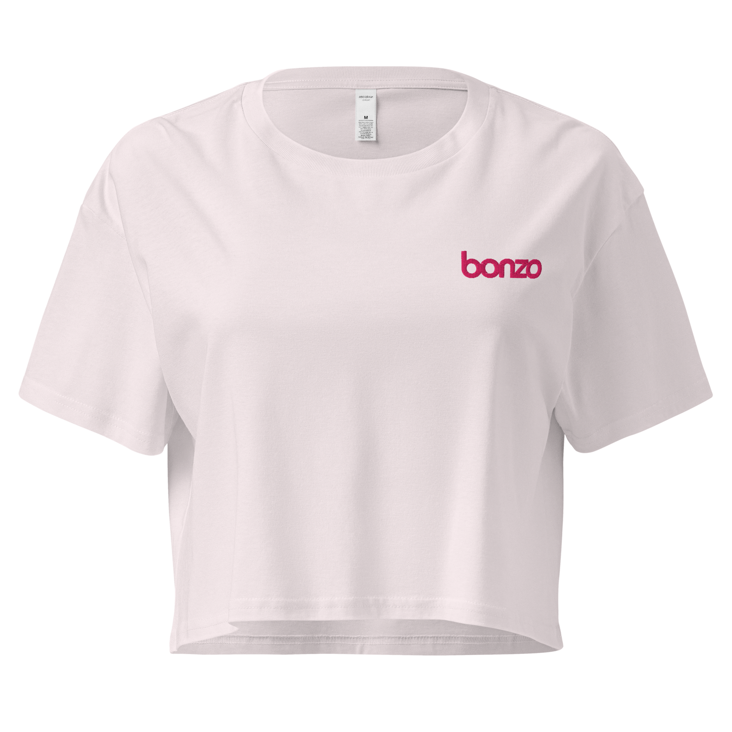White crop top with 'bonzo' logo on a white background