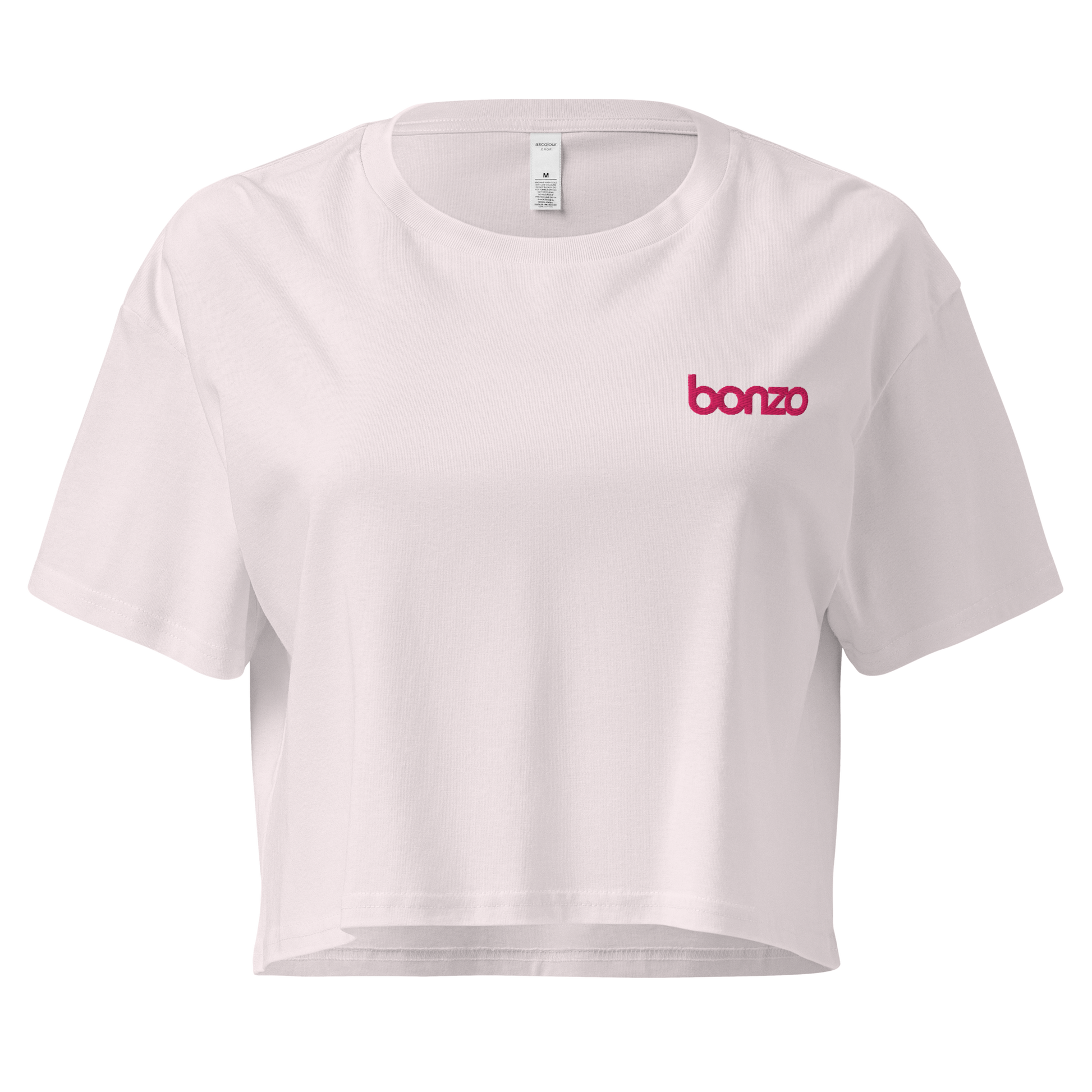 White crop top with 'bonzo' logo on a white background