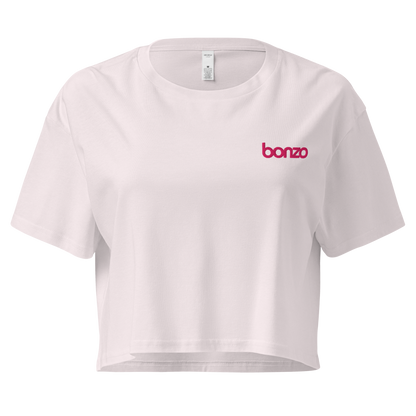 White crop top with 'bonzo' logo on a white background